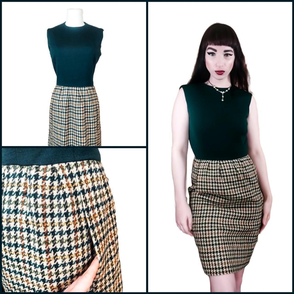 Vintage 1960s Houndstooth Pencil Wiggle Emerald Wool Sleeveless Midi Dress